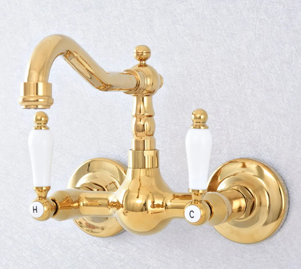 Kitchen Faucet Gold Polished Brass Wall Mounted Dual Handle Faucet Hot and Cold Bathroom Faucet Basin Mixer Swivel tub Faucet
Kitchen Faucet Gold Polished Brass Wall Mounted Dual Handle Faucet Hot and Cold Bathroom Faucet Basin Mixer Swivel tub Faucet