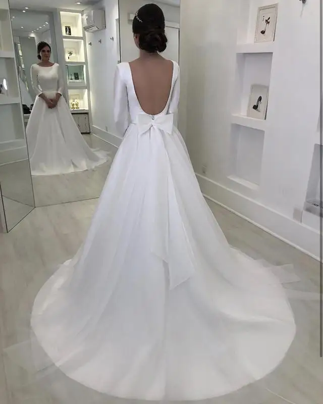 Elegant Satin 3/4 Sleeves Wedding Dresses for Bride 2020 A Line Backless Bridal Gowns with Pockets vestido de noiva
Elegant Satin 3/4 Sleeves Wedding Dresses for Bride 2020 A Line Backless Bridal Gowns with Pockets vestido de noiva
