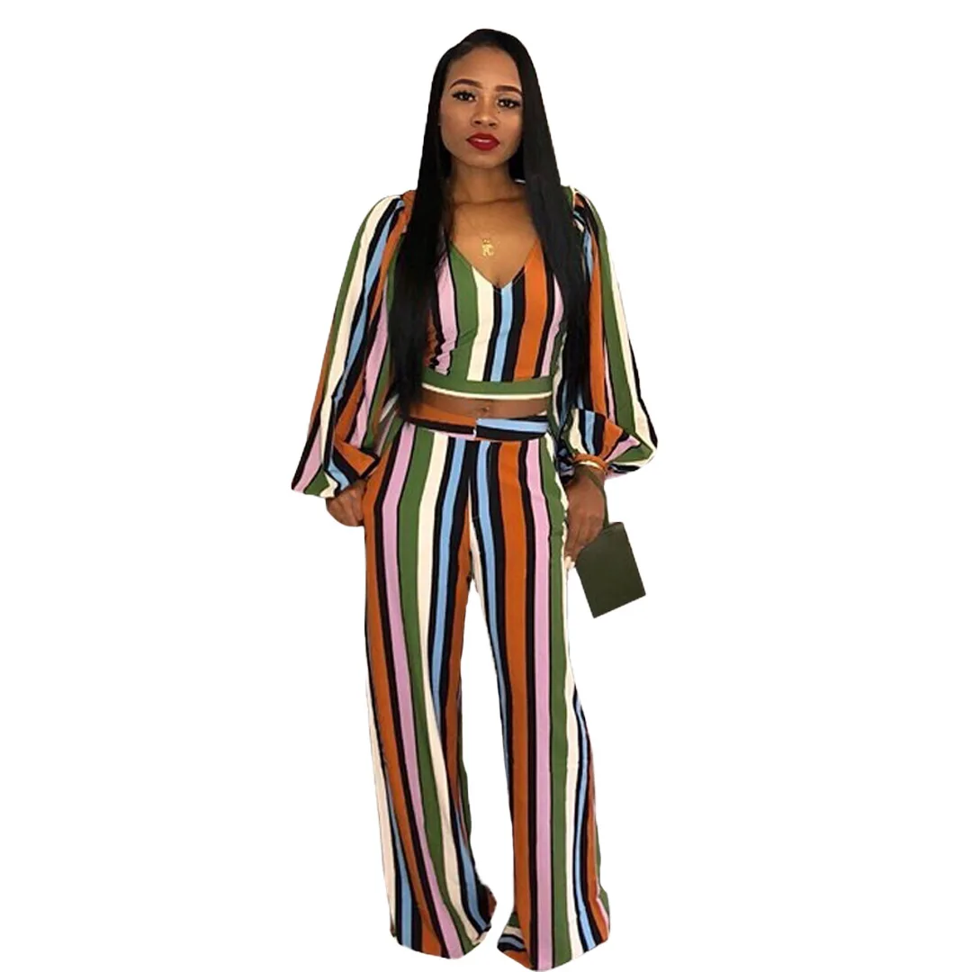 Fashion Women's Suit Casual Hot Sale V-neck Pullover Stripe Print Short Lantern Sleeve Wide Leg Pants Two-piece Suit
Fashion Women's Suit Casual Hot Sale V-neck Pullover Stripe Print Short Lantern Sleeve Wide Leg Pants Two-piece Suit