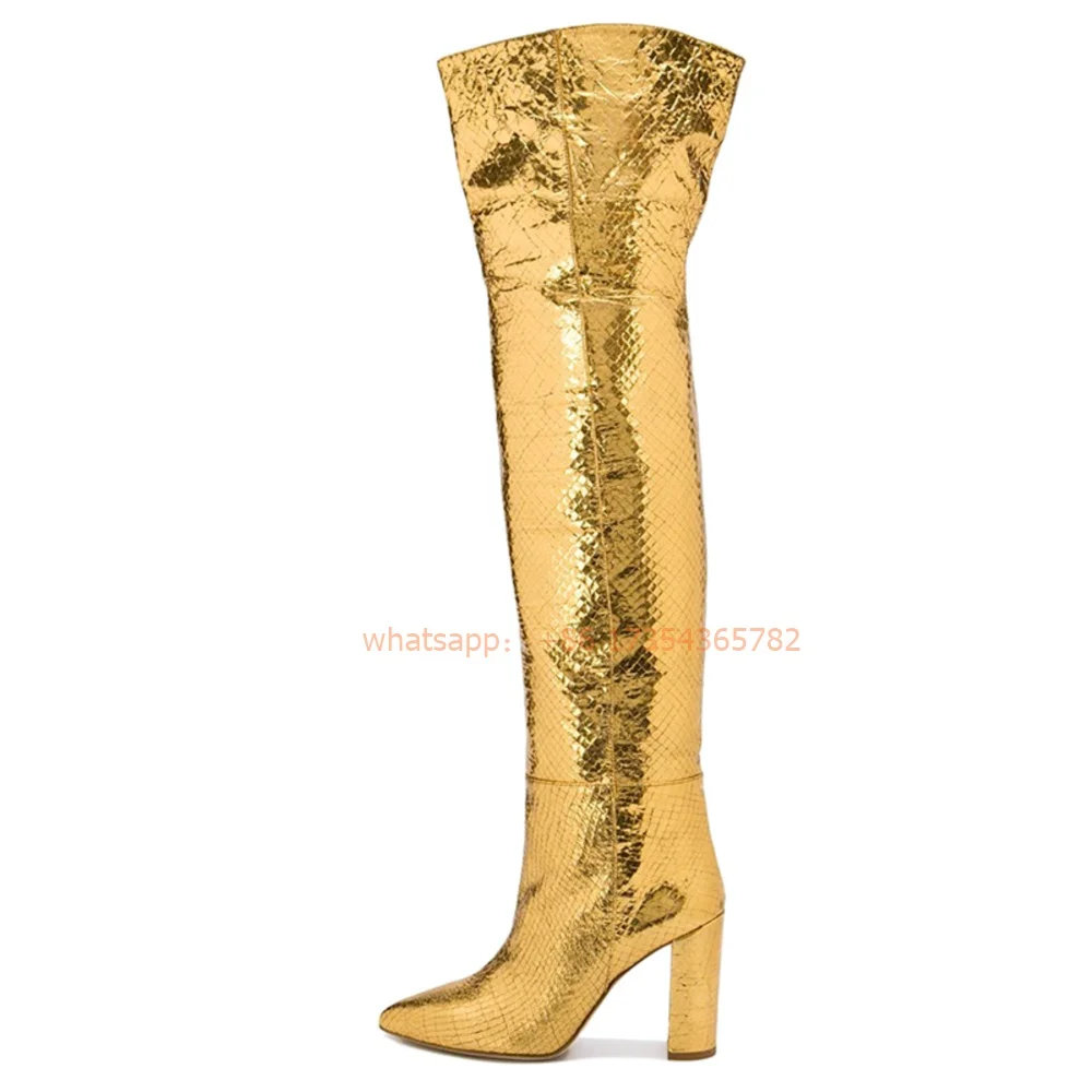 Chunky Heel Pointy Toe Golden Knee Boots Women's Winter Daily Dress Stone Pattern Patent Leather Long Boots Sleeve Sexy Shoes
Chunky Heel Pointy Toe Golden Knee Boots Women's Winter Daily Dress Stone Pattern Patent Leather Long Boots Sleeve Sexy Shoes