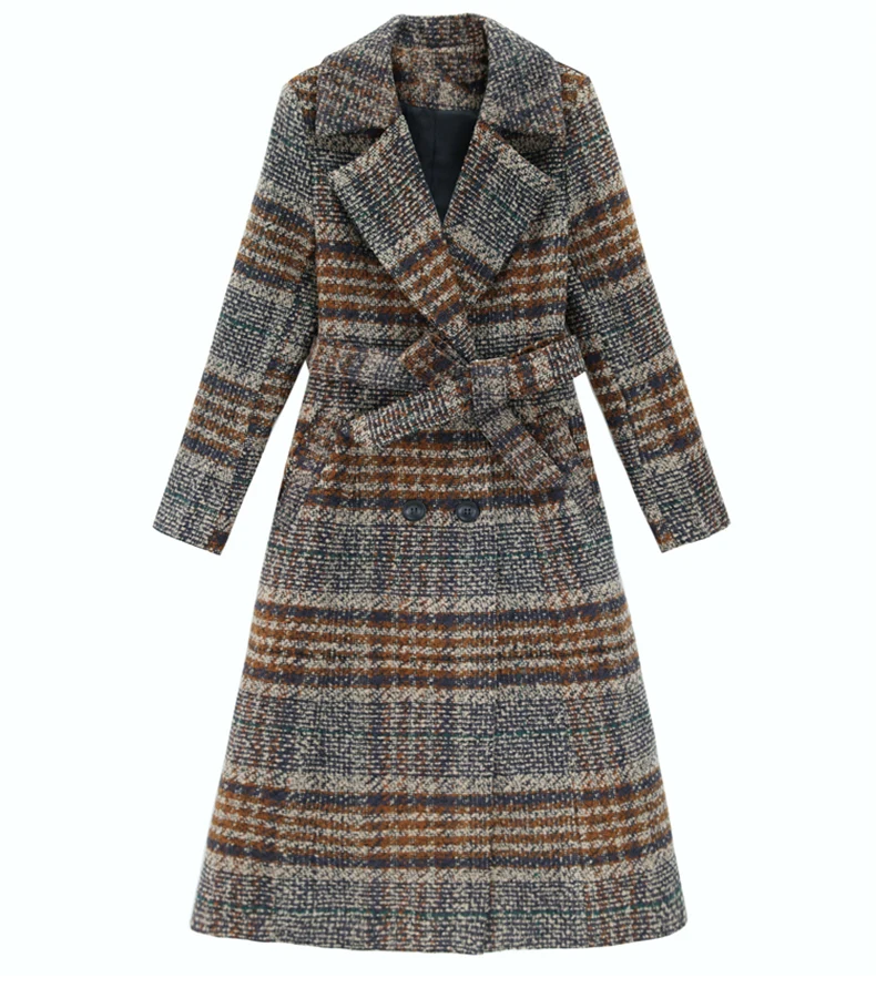 

Женское шерстяное пальто, Повседневная Свободная клетчатая куртка средней длины с отложным воротником, Осень-зима 2021
