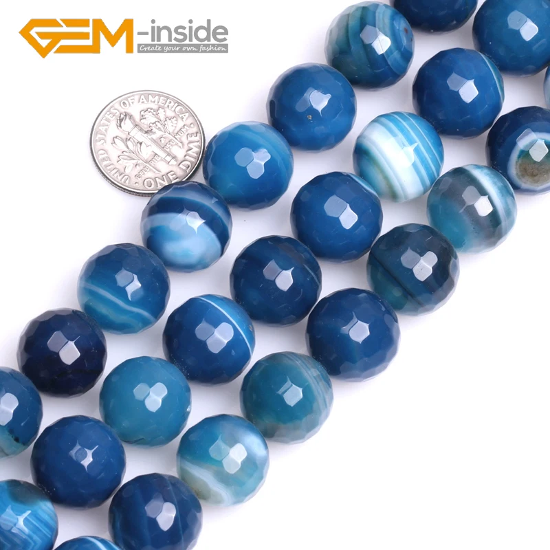 

Natural Stripe Blue Agates Onyx Faceted Round Loose Beads 6mm 8mm 10mm 14mm For Jewelry Making DIY Necklace Bracelet Strand 15‘’