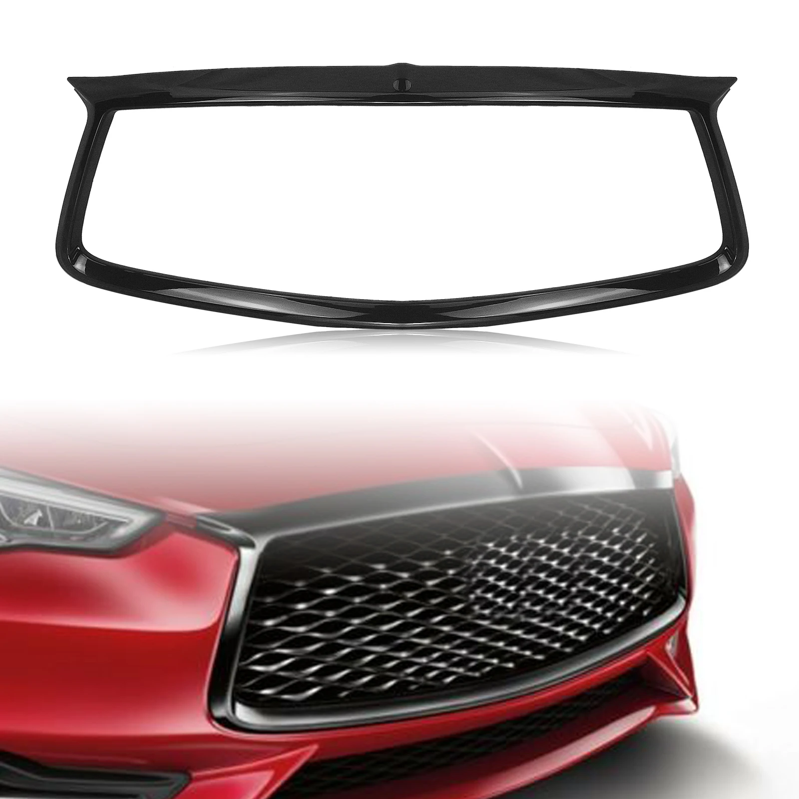 

For Infiniti Q60 Coupe 2017-2021 Front Grill Trim Cover Overlay Glossy Black Add On Upper Bumper Hood Grille Frame Strip Bezel