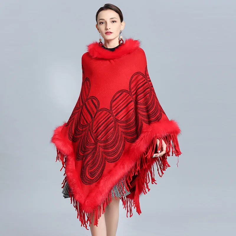 New Red Black Grey Capes Et Ponchos Imitation Fox Collar Cashmere Pullover Cloak Shawl For Women Knitted Wool Coat With Tassels
New Red Black Grey Capes Et Ponchos Imitation Fox Collar Cashmere Pullover Cloak Shawl For Women Knitted Wool Coat With Tassels