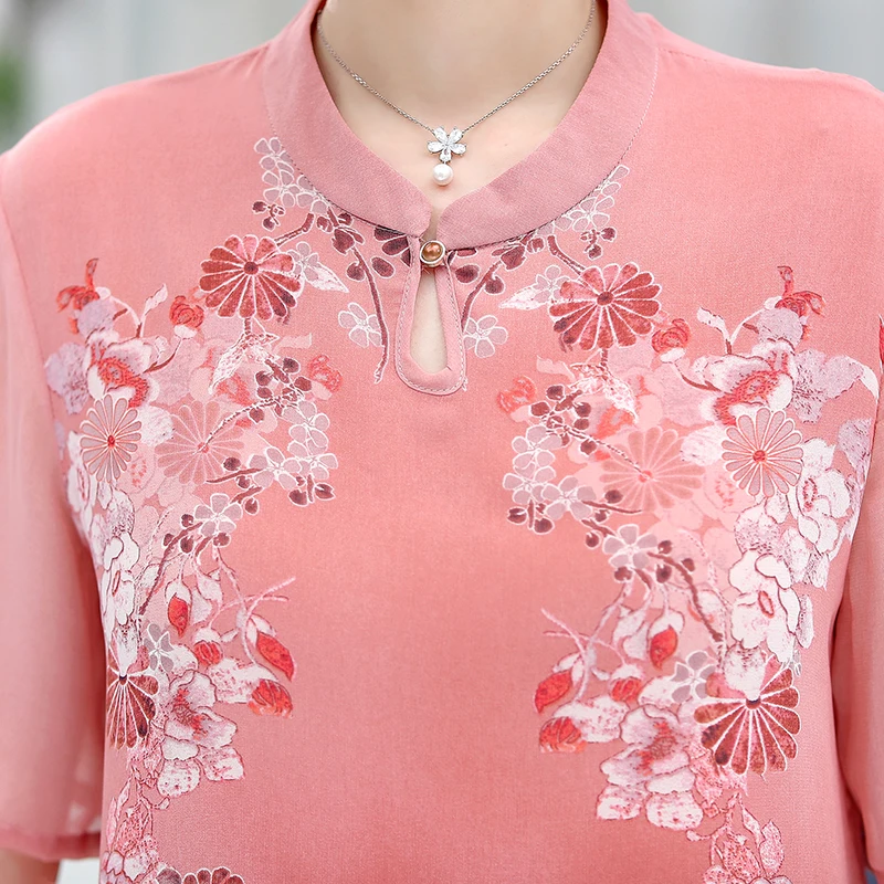 Women Silk Blouse Summer Floral Printed Tops Lady Vintage Printing Shirt Soft Silk Chiffon Clothes Short Sleeve 
Women Silk Blouse Summer Floral Printed Tops Lady Vintage Printing Shirt Soft Silk Chiffon Clothes Short Sleeve