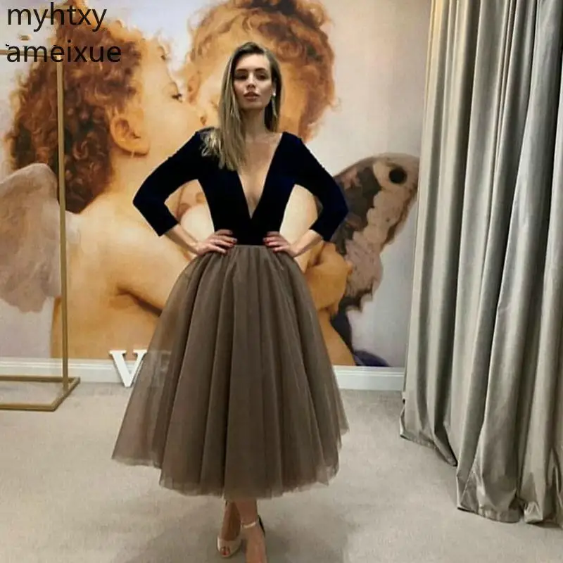 Женское вечернее платье с длинным рукавом Ever Pretty черное бархатное короткое