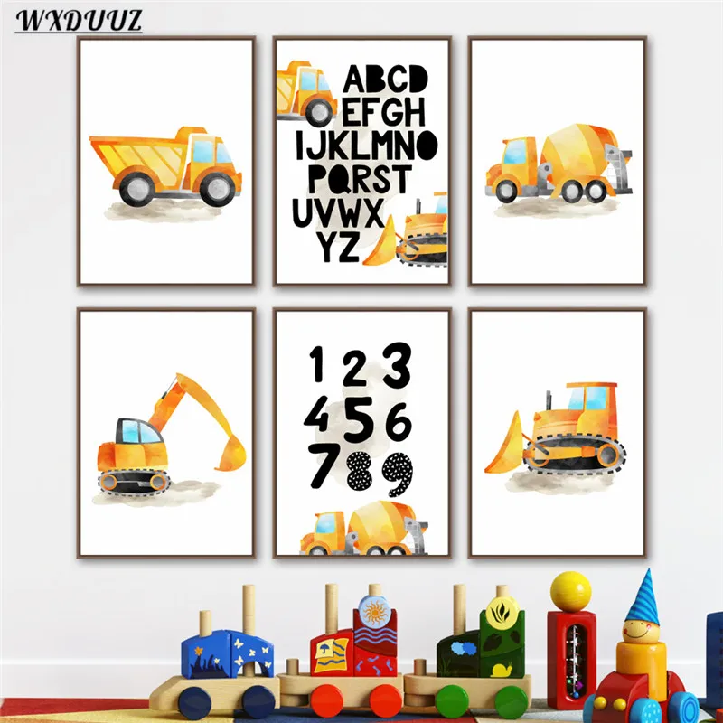 

Transport Trucks Alphabet Arabic Numerals Painting Art Home Decor Quality Canvas Poster Nursery Kids Room Wall Decor Picture