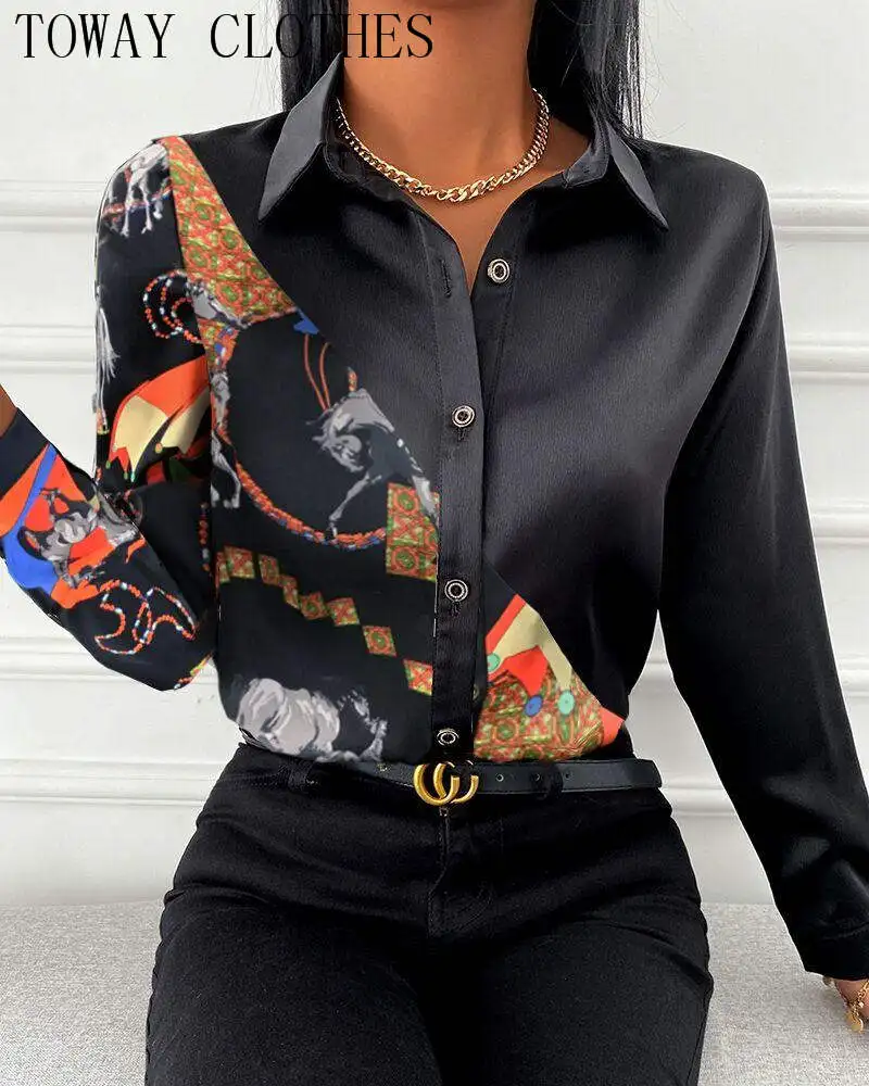 Women Turn-down Collar Baroque Print Long Sleeve Button Design Casual Shirt 
Women Turn-down Collar Baroque Print Long Sleeve Button Design Casual Shirt