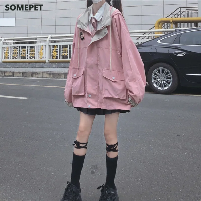 Winter Japanese women's casual punk streetwear jacket loose pockets long-sleeved hooded big size fashion Vintage Harajuku jacket 
Winter Japanese women's casual punk streetwear jacket loose pockets long-sleeved hooded big size fashion Vintage Harajuku jacket