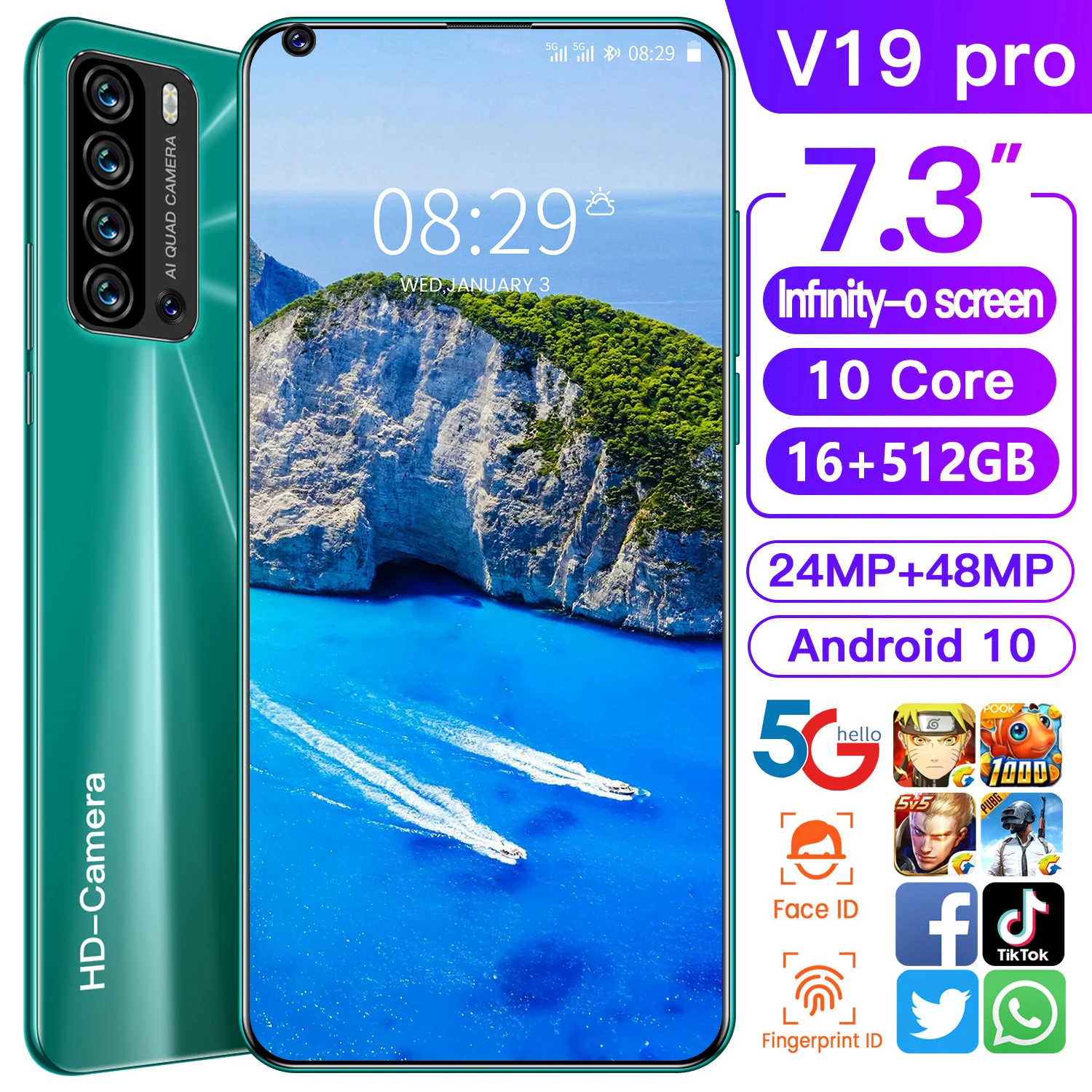 V19 Pro 7.3'' Full Screen Smartphone Global Version Unlocked Smart Phone Deca Core Android 10 Cell phone Dual Sim Mobile Phone 
V19 Pro 7.3'' Full Screen Smartphone Global Version Unlocked Smart Phone Deca Core Android 10 Cell phone Dual Sim Mobile Phone