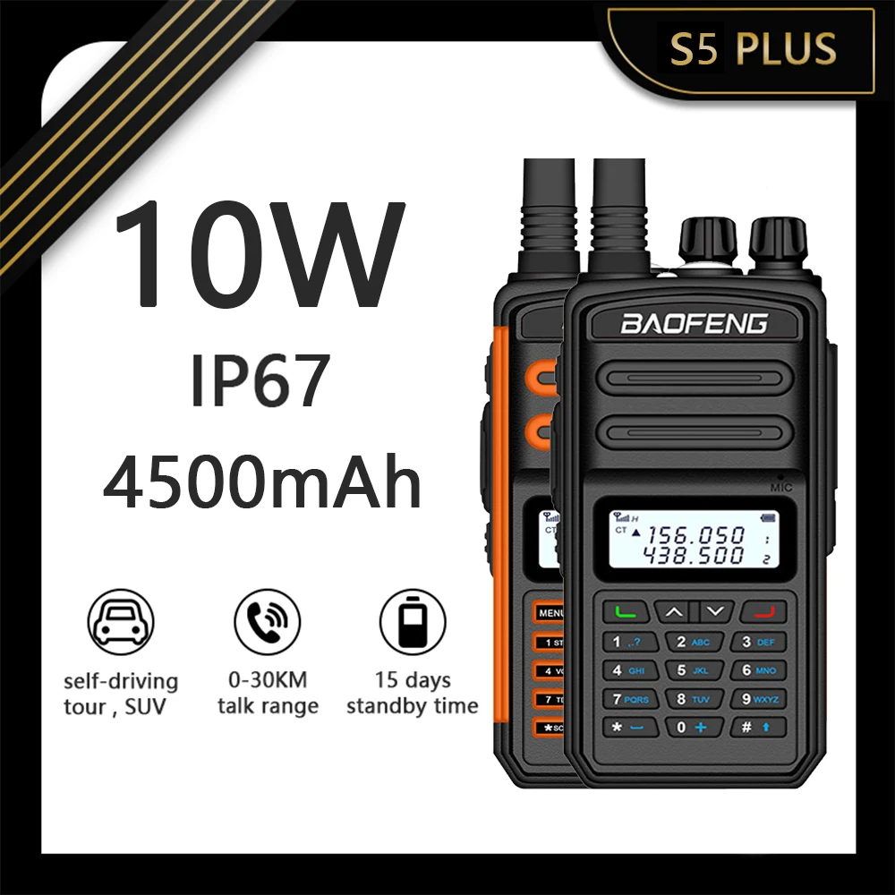 Baofeng 10W 4500MAH IP67 Waterproof S5 Plus Long Distance Tri-band Ham Radios High Power Walkie Talkies Handheld Hf Transceiver
Baofeng 10W 4500MAH IP67 Waterproof S5 Plus Long Distance Tri-band Ham Radios High Power Walkie Talkies Handheld Hf Transceiver