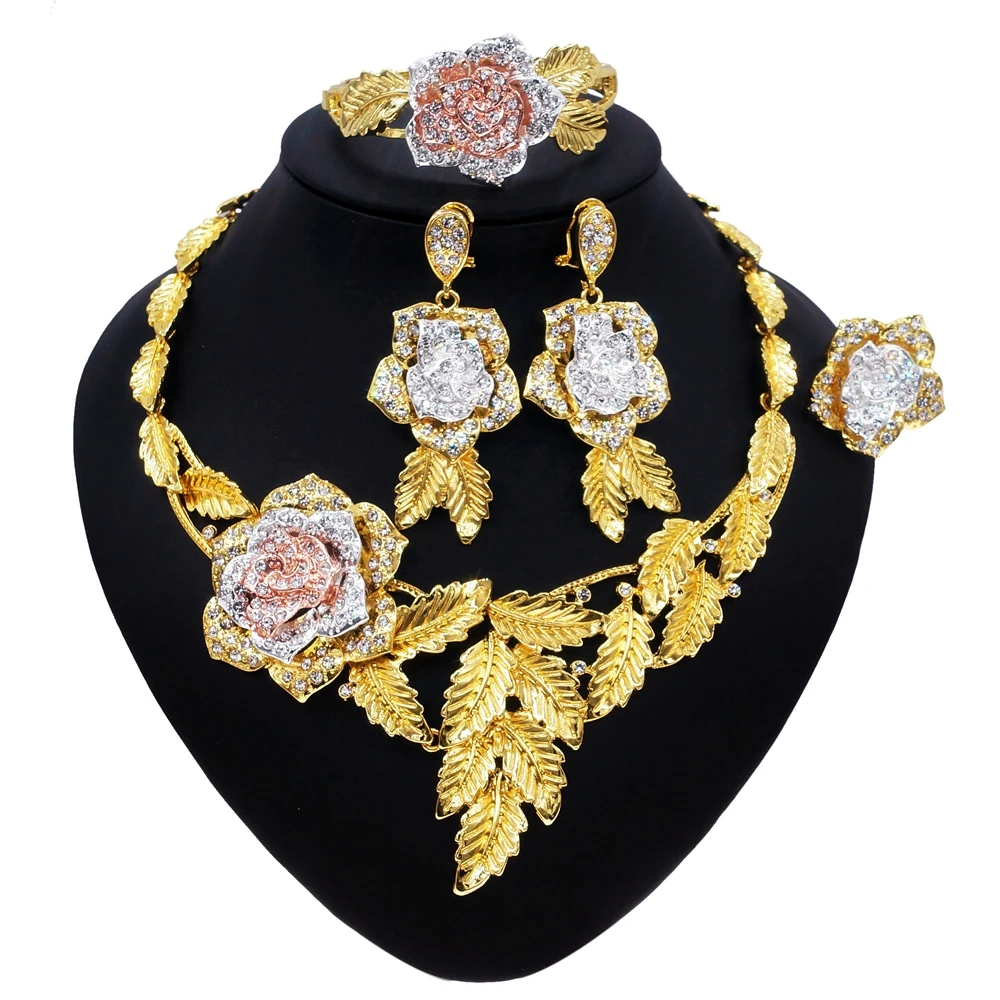 

Yulaili Luxury Dubai Gold Jewelry Sets Crystal Necklace Earrings Bracelet Ring for Women Bridal Jewelery Set Accessories Gifts