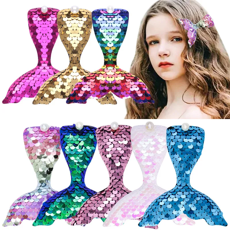 

Sequin Mermaid Hair Bows Clips for Girls Handmade Pearls Reversible Sequin Bow Alligator Clip Barrettes Kids Hair Accessories
