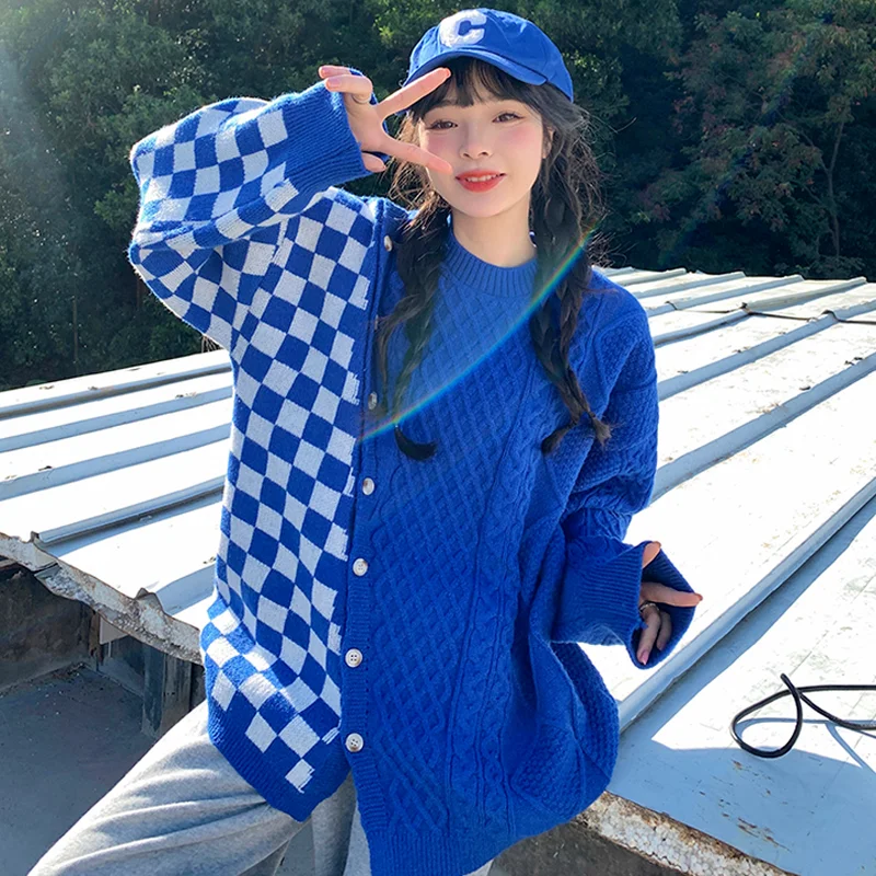 2021 New Korean Fashion Commute Wild O Neck Plaid Stitching Design Diagonal Breasted Loose Casual Thick Knit Pullover Sweater
2021 New Korean Fashion Commute Wild O Neck Plaid Stitching Design Diagonal Breasted Loose Casual Thick Knit Pullover Sweater