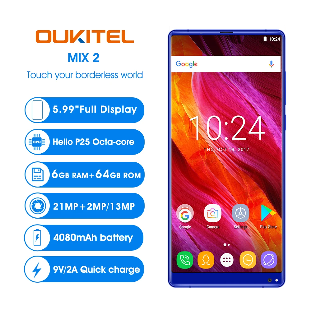 Oukitel Mix 2 5.99"FHD 18:9 Full Display Android 7.0 6GB RAM 64GB ROM Octa Core 21MP+13MP 9V/2A Quick Charger 4080mAh Smartphone |
