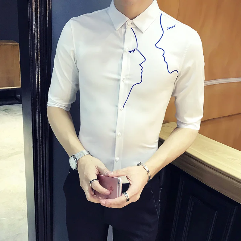 Рубашка мужская классическая с вышивкой модная сорочка кроя Slim Fit в повседневном