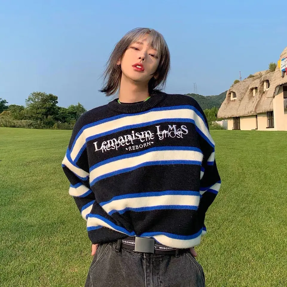 New sweater men and women autumn winter long-sleeved striped embroidery pullover couples super fire tops fashion | Женская одежда