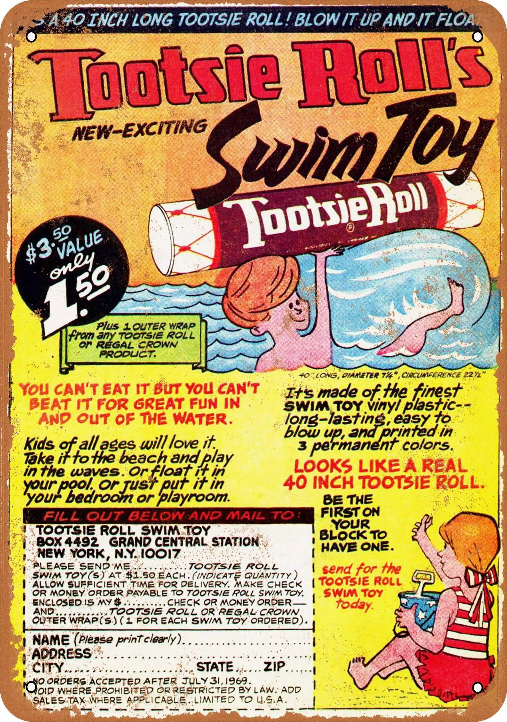SLALL 1968 Tootsie Roll Swim Toy Retro Street Sign Household Metal Tin Sign Bar Cafe Car Motorcycle Garage Decoration
SLALL 1968 Tootsie Roll Swim Toy Retro Street Sign Household Metal Tin Sign Bar Cafe Car Motorcycle Garage Decoration