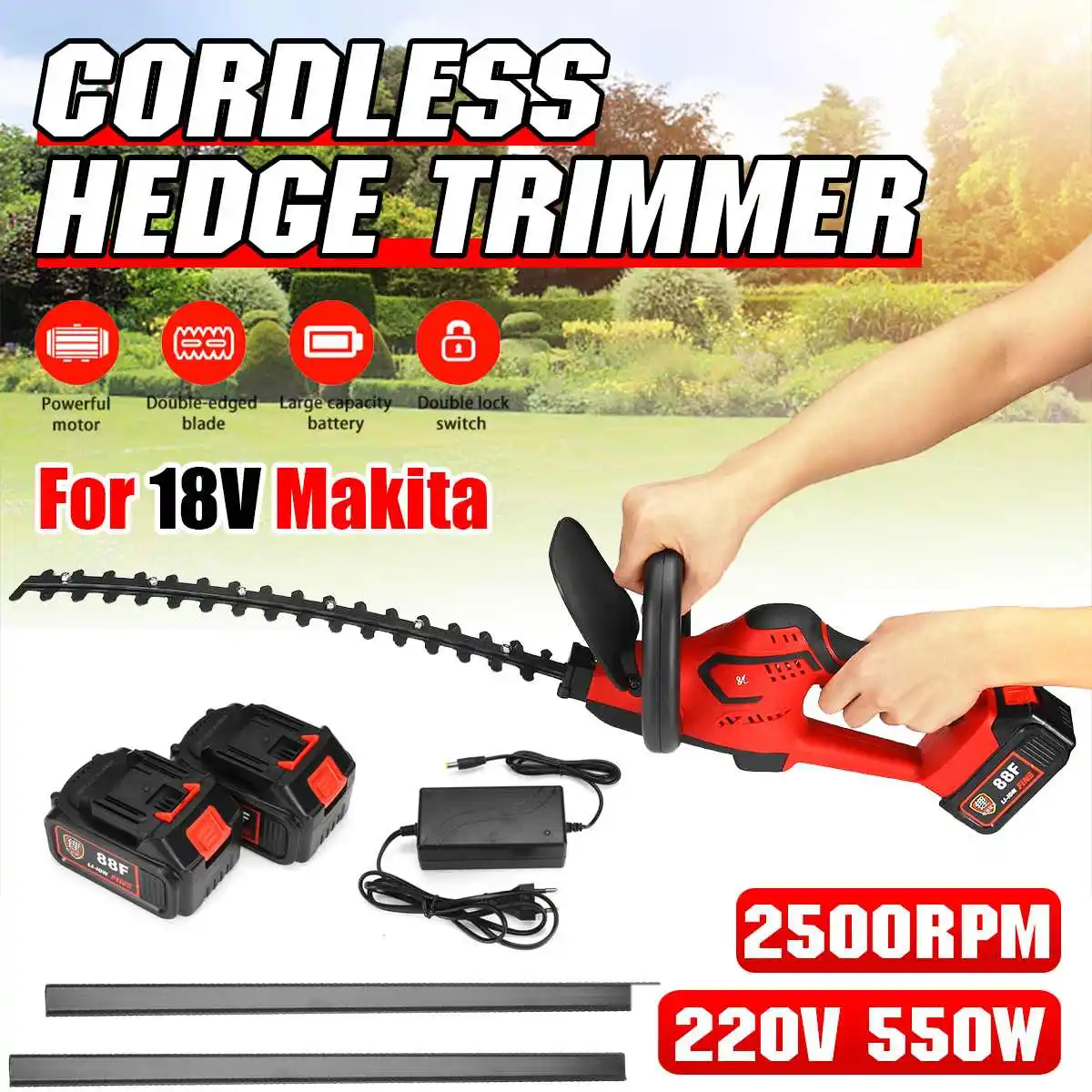 18V Cordless Hedge Trimmer Electric Household Trimmer Pruning Saw Quick Charge Rechargeable with 520mm Curved Blade
18V Cordless Hedge Trimmer Electric Household Trimmer Pruning Saw Quick Charge Rechargeable with 520mm Curved Blade
