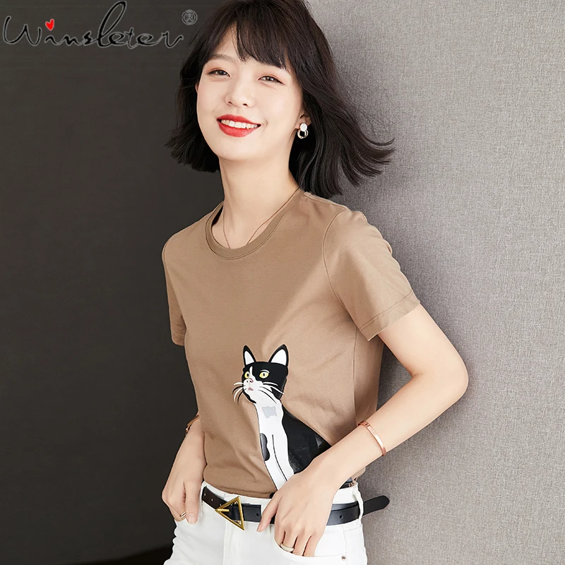 Summer 2022 Cotton T-shirt Women Cute Cat Print O-neck Short Sleeve Casual Tshirt Tops Color Camel T1N904A
Summer 2022 Cotton T-shirt Women Cute Cat Print O-neck Short Sleeve Casual Tshirt Tops Color Camel T1N904A