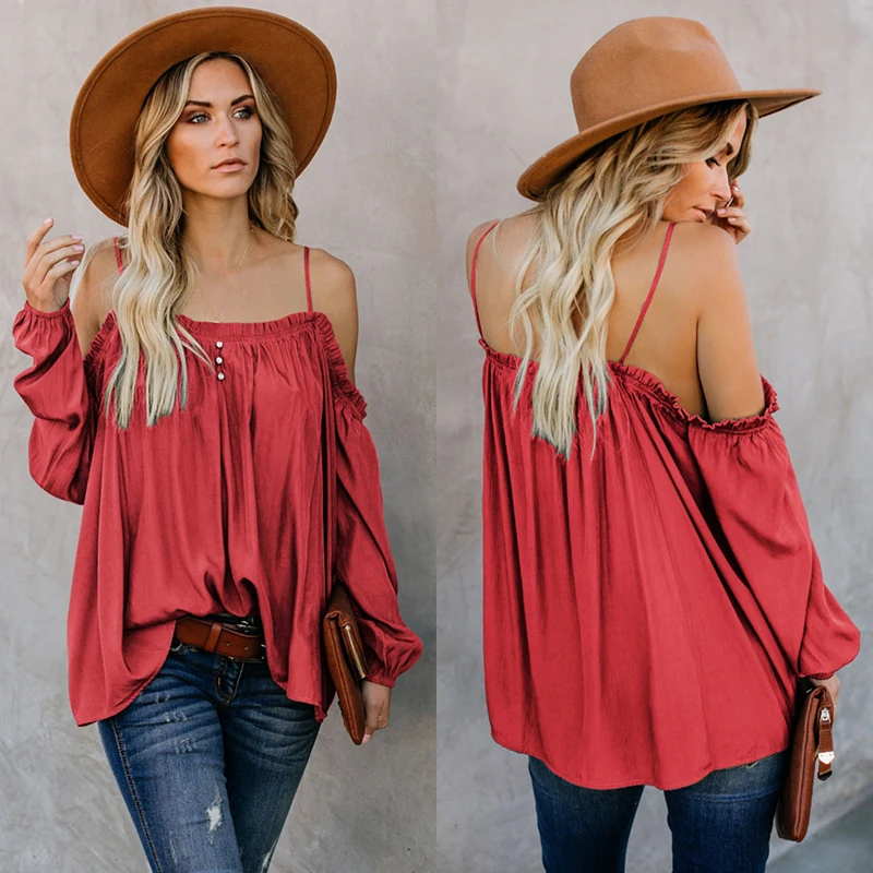 2019 Summer women Summer new Sexy Candy Color off-the-shoulder sling top loose long-sleeved cotton t-shirt neck beach blouse
2019 Summer women Summer new Sexy Candy Color off-the-shoulder sling top loose long-sleeved cotton t-shirt neck beach blouse