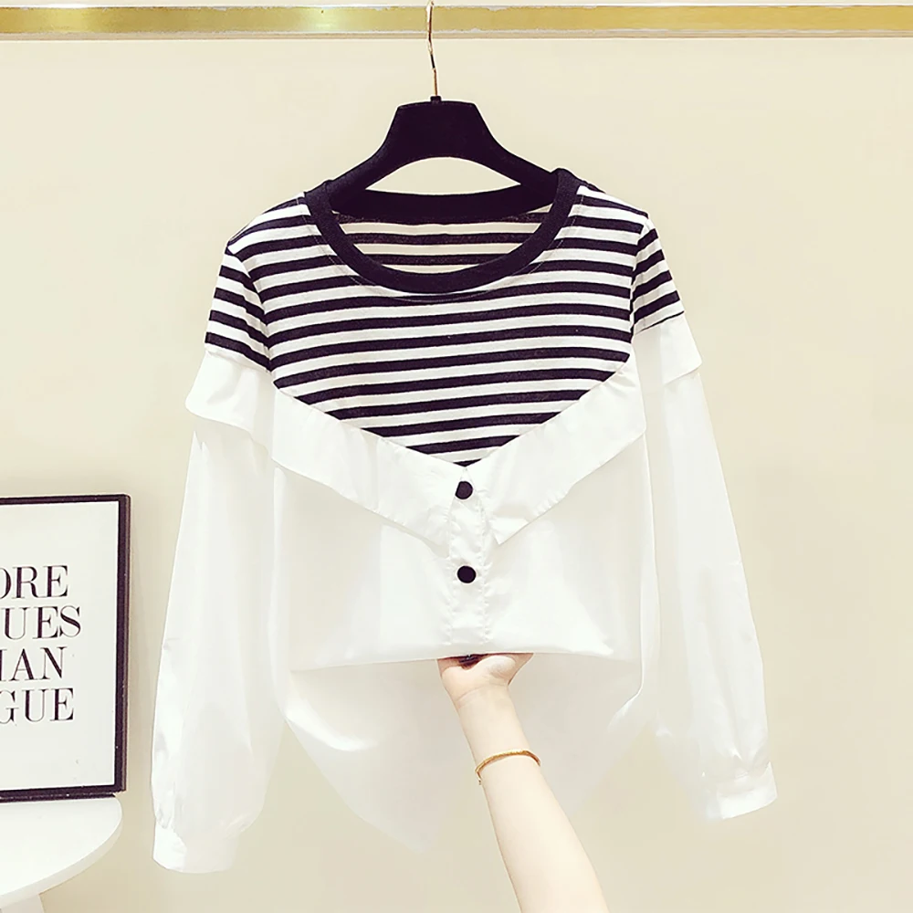 Elegant Patchwork Fake Two Pieces Striped Buttons Cotton Women Blouses Fashion Loose Shirts Spring Autumn O-Neck Long Sleeve Top
Elegant Patchwork Fake Two Pieces Striped Buttons Cotton Women Blouses Fashion Loose Shirts Spring Autumn O-Neck Long Sleeve Top