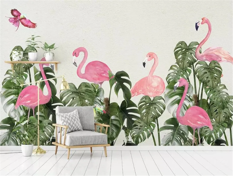 

XUE SU Wall covering custom wallpaper Nordic small fresh flamingo turtle leaf background wall 3D mural