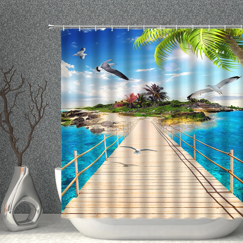 

Seaside Beach Sunny 3D Shower Curtain Set Sea Scenery White Crane Coconut Tree Polyester Bath Decor Bathroom Tropical Curtains