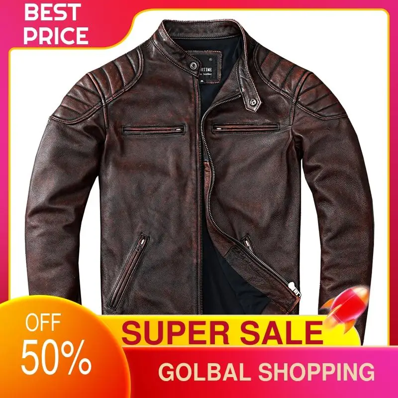 2021 Vintage Brown Stand Collar Motorcycle Style Genuine Leather Jacket Men Plus Size 4XL Real Natural Cowhide Spring Biker Coat
2021 Vintage Brown Stand Collar Motorcycle Style Genuine Leather Jacket Men Plus Size 4XL Real Natural Cowhide Spring Biker Coat