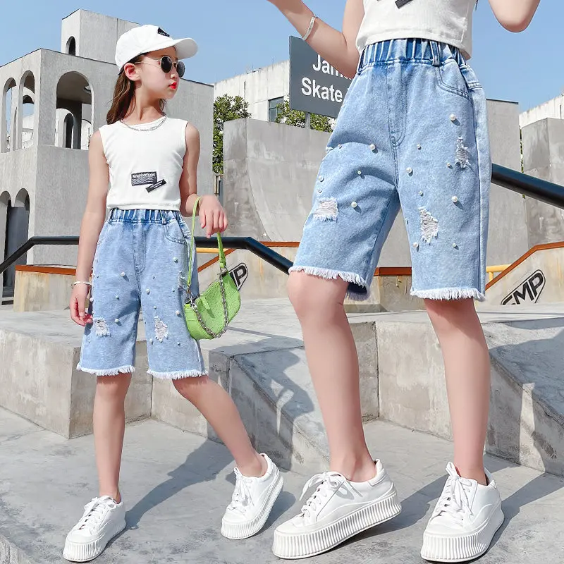 

2021 New Fashion Girls Hot Blue Solid Color Ripped Shorts Pearl Teenage Tassel Denim Shorts Casual Destroyed Female Short Jeans