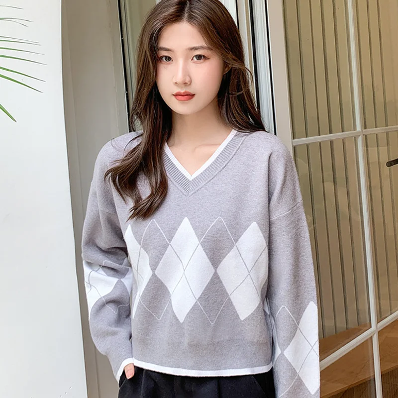 Zoki Fashion Autumn Argyle Plaid Jumper Simple V Neck Patchwork Elegant Sweater Long Sleeves Korean Female Tops Street New
Zoki Fashion Autumn Argyle Plaid Jumper Simple V Neck Patchwork Elegant Sweater Long Sleeves Korean Female Tops Street New