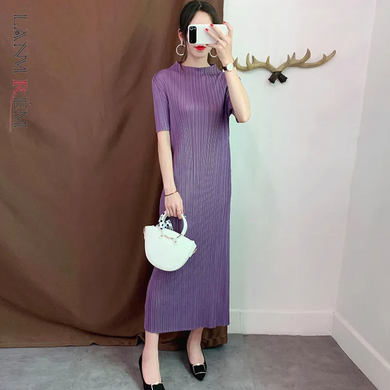 LANMREM/фиолетовое платье со стоячим воротником и коротким рукавом плиссированное