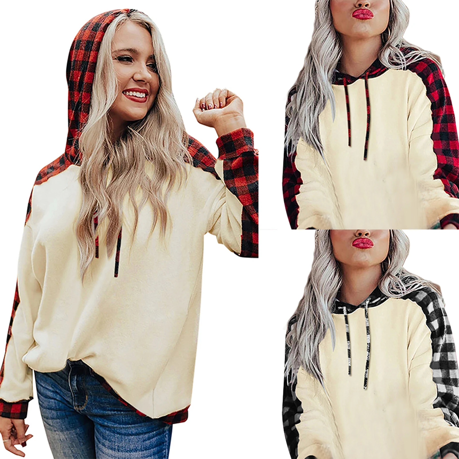2 Pieces Suit Set, Female Plaid Long Sleeve Hooded Pullover+ Long Pants for Spring Fall, Black/Red, S/M/L/XL 
2 Pieces Suit Set, Female Plaid Long Sleeve Hooded Pullover+ Long Pants for Spring Fall, Black/Red, S/M/L/XL