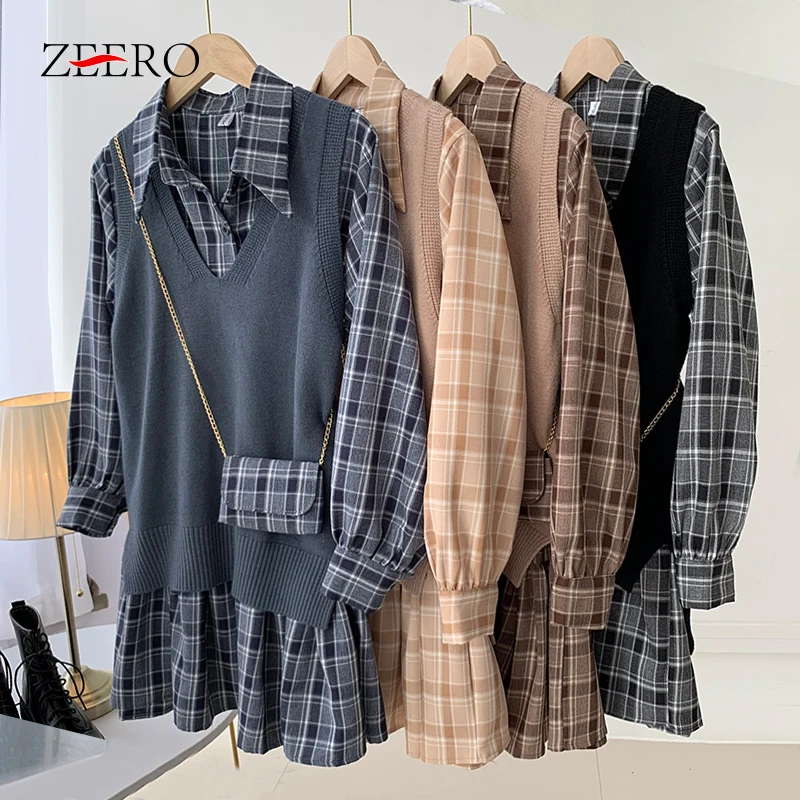 Korean Fashion Dress Set Retro Plaid Loose Shirt Mini Pleated Dress + Knitted Sweater Vest 2 Pieces Set Women Autumn Outfits
Korean Fashion Dress Set Retro Plaid Loose Shirt Mini Pleated Dress + Knitted Sweater Vest 2 Pieces Set Women Autumn Outfits