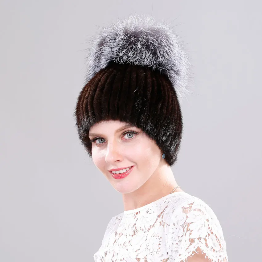 

Real Mink Fur Hat for Women Winter Mink Fur Beanies with Luxury Big Pompom Fox Fur Ball Caps Female Genuine Fur Knitted Bonnets