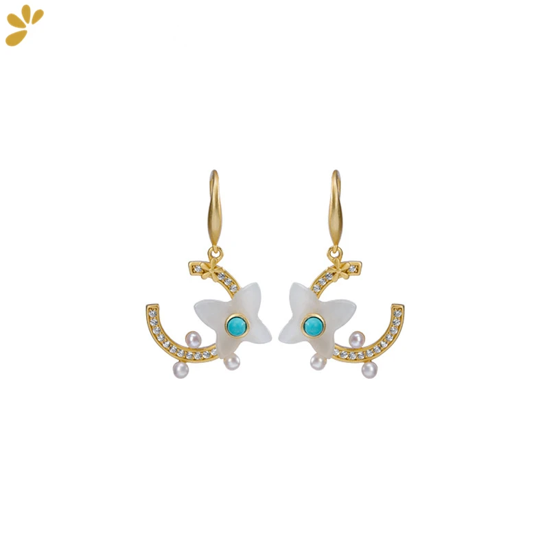 White Hetian Jade S925 Silver Gold-plated Drop Earrings Moon Star Pearl Turquoise Zircon Fine Jewelry Women Vintage Earring Gift
White Hetian Jade S925 Silver Gold-plated Drop Earrings Moon Star Pearl Turquoise Zircon Fine Jewelry Women Vintage Earring Gift