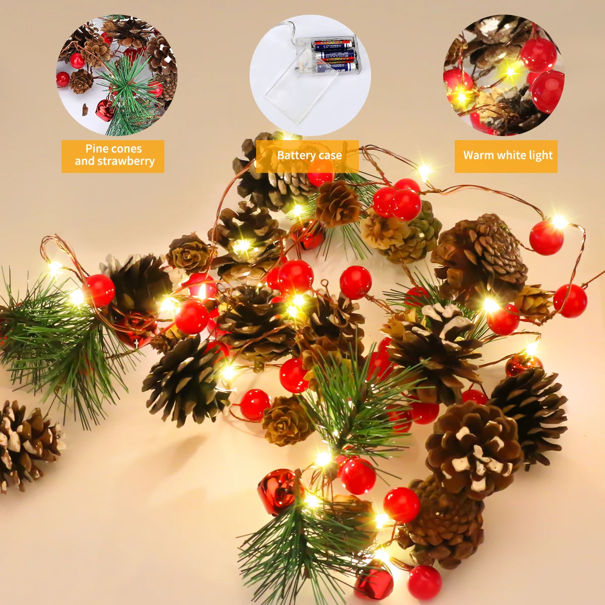 

Christmas String Lights with Pine Cone Red Berry Bell, Garland with Lights 6.5Ft 20LED Warm White Battery Operated Christmas Tre