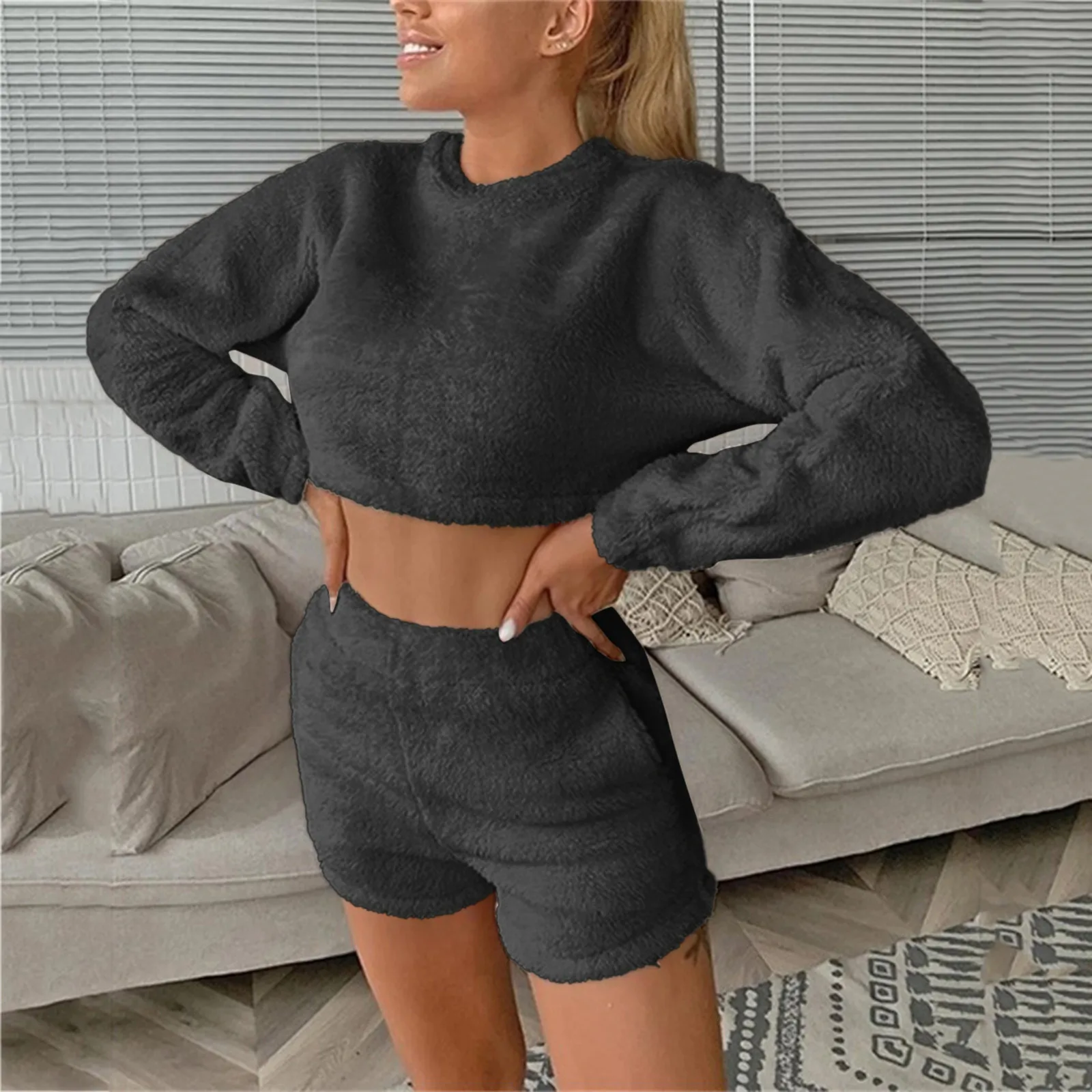 Women Soft Fluffy 2 Piece Set O Neck Long Sleeve Crop Top High Waist Skinny Shorts Autumn Winter Casual Matching Outfits Set #10
Women Soft Fluffy 2 Piece Set O Neck Long Sleeve Crop Top High Waist Skinny Shorts Autumn Winter Casual Matching Outfits Set #10