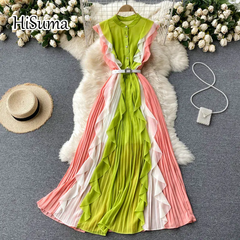 2021 new women o-neck single breased ruffles chiffon A-line dress female Chic elegant Color contrast pleating party dresses
2021 new women o-neck single breased ruffles chiffon A-line dress female Chic elegant Color contrast pleating party dresses