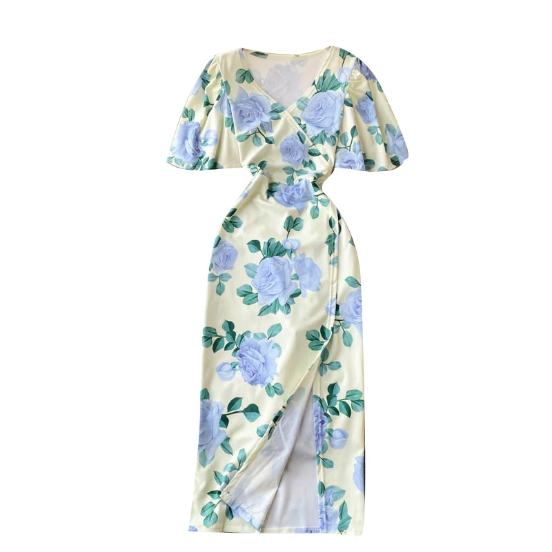 Women Elegant Print Dress French Short Sleeve V Neck Slim Dresses Summer Fashion Sexy Split Streetwear Long Sundress
Women Elegant Print Dress French Short Sleeve V Neck Slim Dresses Summer Fashion Sexy Split Streetwear Long Sundress