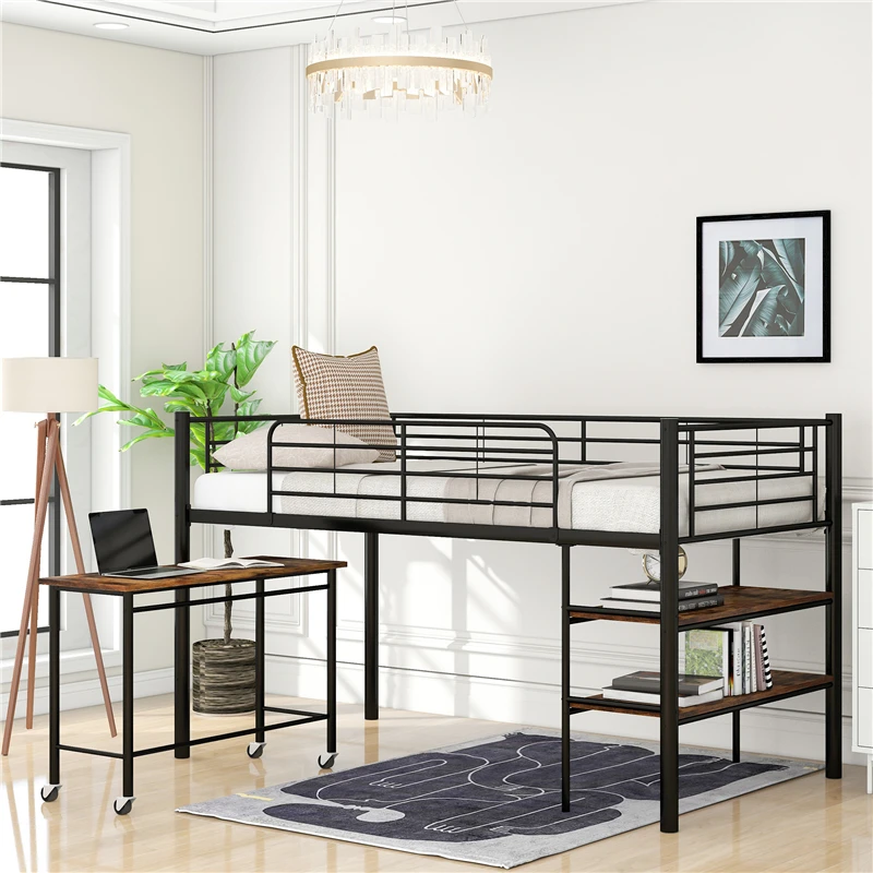 

Металлическая Лофт-кровать с подвижным столом, металлическая рама, сборная двойная кровать с Полноразмерным поручнем и лестницей для взрос...