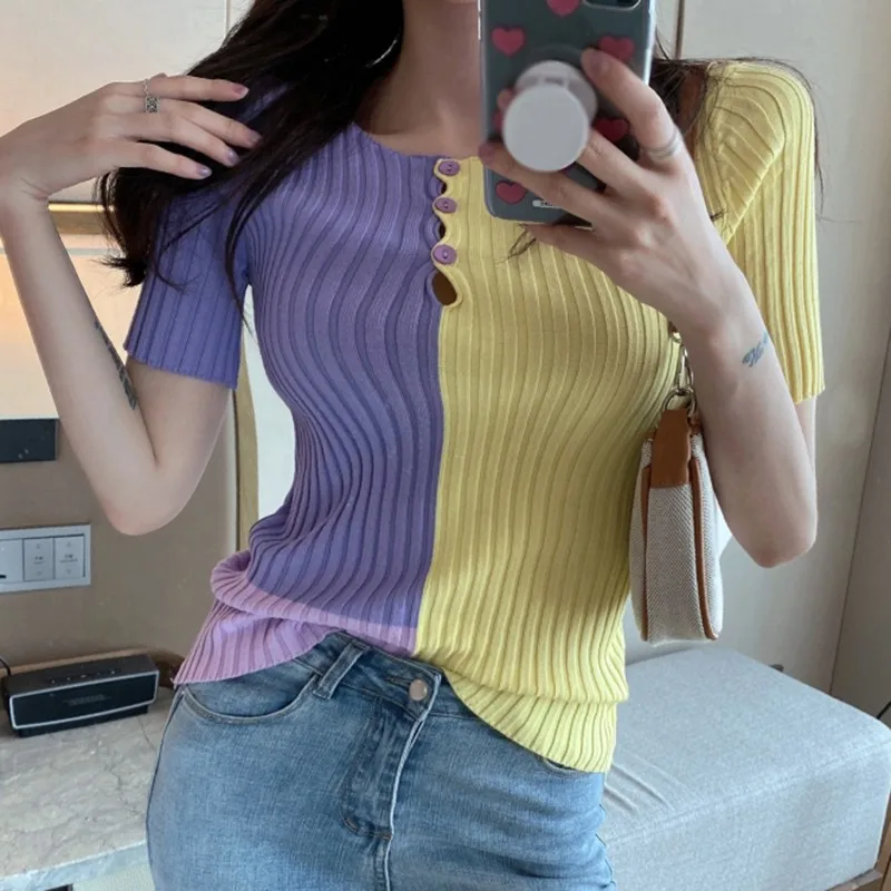 Sexy Slim Crop Top Round Neck Pullover Women Knitted Tops Packwork Short Sleeve Shirts
Sexy Slim Crop Top Round Neck Pullover Women Knitted Tops Packwork Short Sleeve Shirts