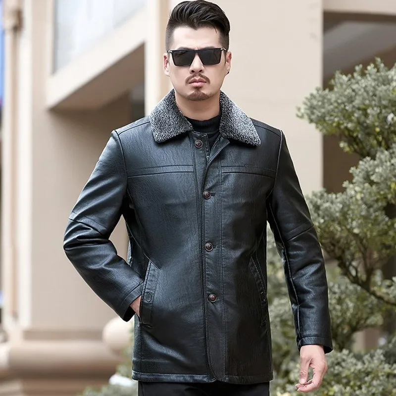 Mens Casual PU Leather Outerwear Coats Winter Fleece Lining Thick Warm Faux Fur Collar Male Medium Length Jackets Plus Size
Mens Casual PU Leather Outerwear Coats Winter Fleece Lining Thick Warm Faux Fur Collar Male Medium Length Jackets Plus Size