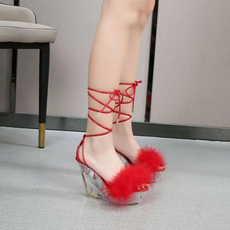 Womens Open Toe Clear Transparent Platform Wedge High Heel Sandals Fur Shoes Sz 
Womens Open Toe Clear Transparent Platform Wedge High Heel Sandals Fur Shoes Sz