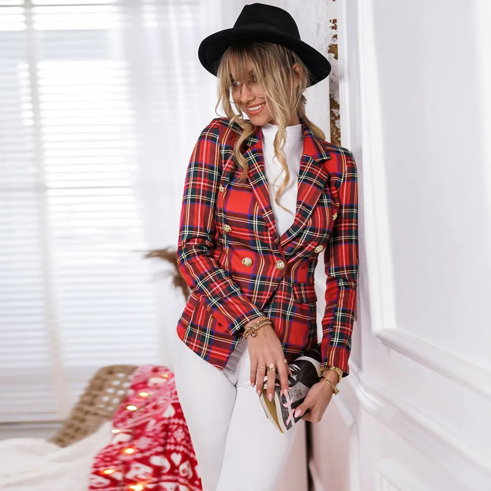 Plaid Blazer Women Office Casual Double Breasted Buttons Jacket Female Fashion Slim Long Sleeve Coat Elegant Spring Autumn Coat
Plaid Blazer Women Office Casual Double Breasted Buttons Jacket Female Fashion Slim Long Sleeve Coat Elegant Spring Autumn Coat