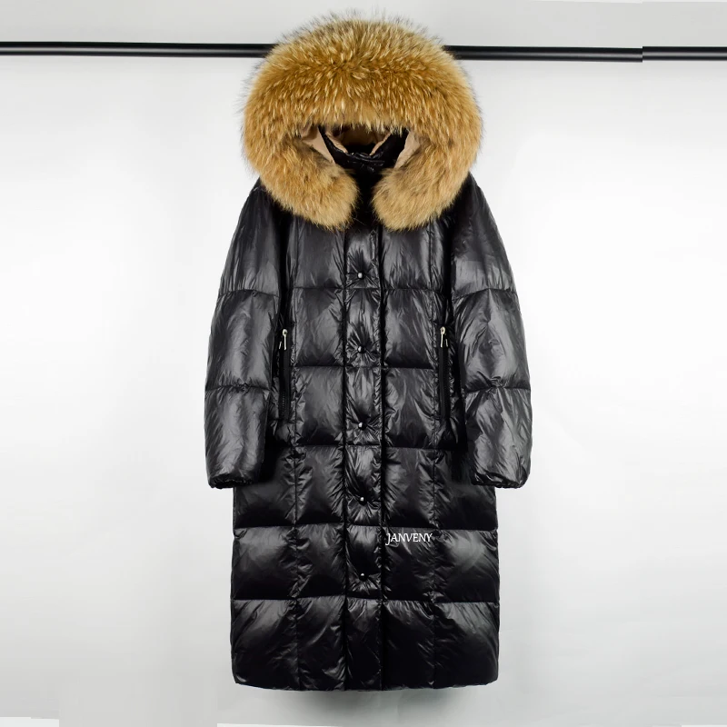 New Come Winter Real Big Fur Collar Black Glossy Down Jacket Women Thickened Hooded Plus Size Over The Knee Straight Puffer Coat
New Come Winter Real Big Fur Collar Black Glossy Down Jacket Women Thickened Hooded Plus Size Over The Knee Straight Puffer Coat