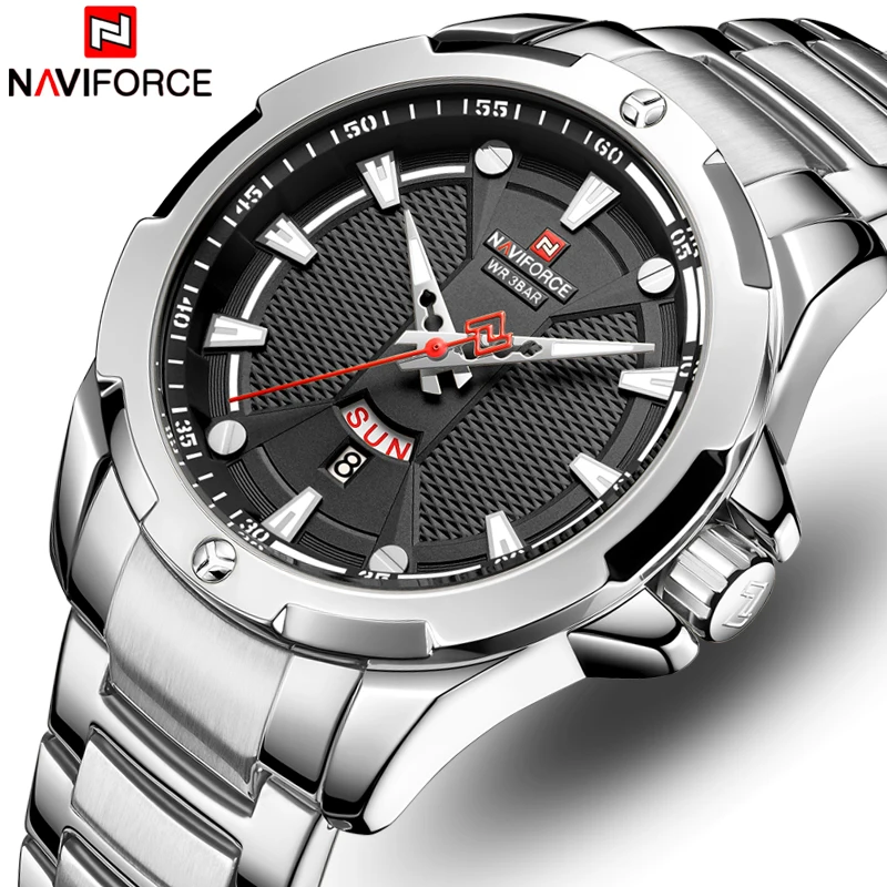 NAVIFORCE Модные мужские кварцевые часы роскошные Брендовые спортивные с большим