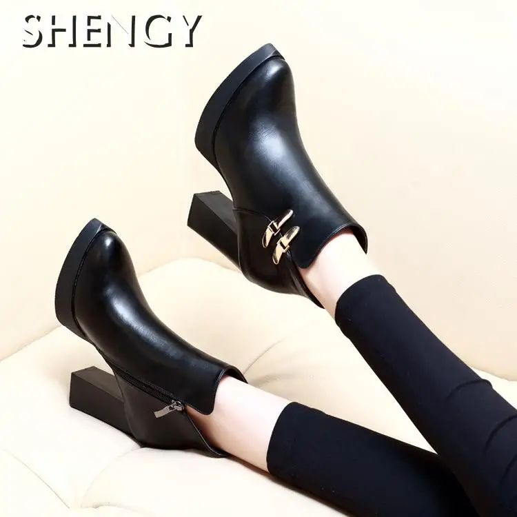 2020 Women Pumps 10CM Spring Fall Office Leather Shoes Breathable Square Heel Boots Woman Platform Heels Party Wedding | Обувь