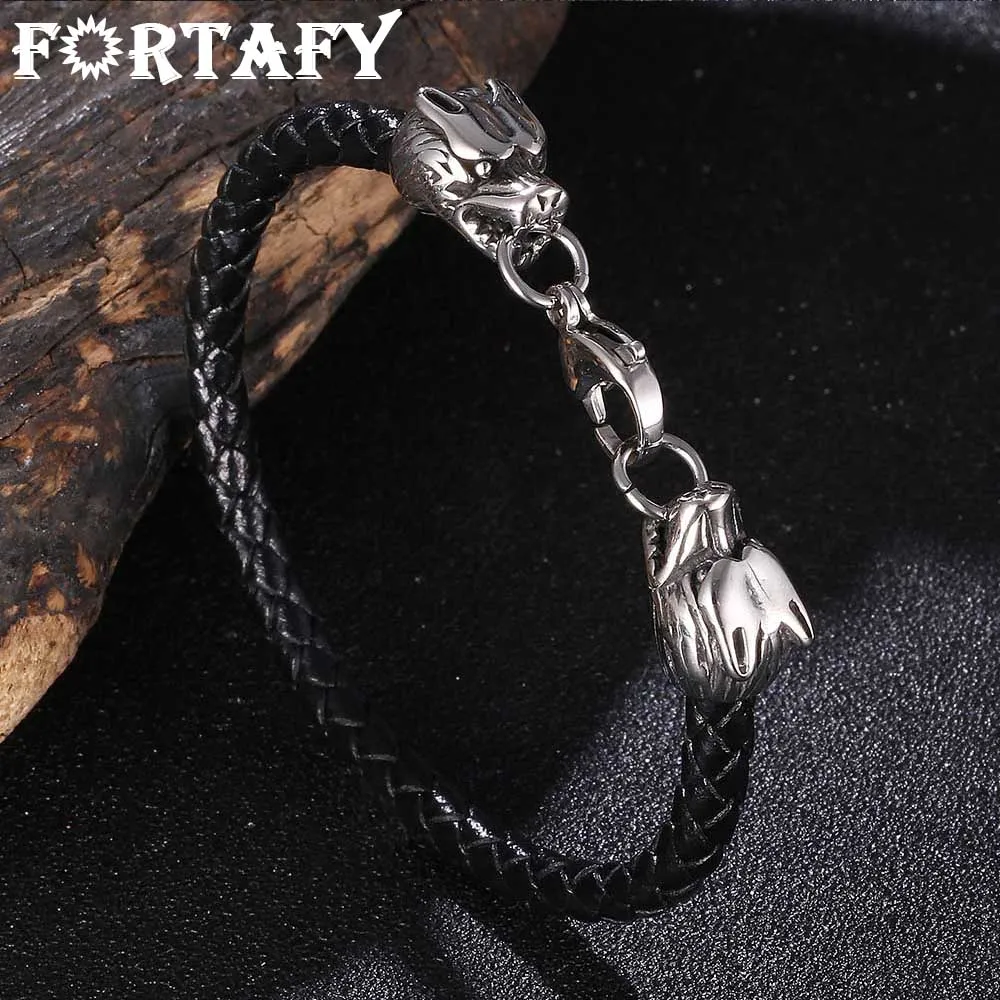 

FORTAFY Double Wolf Head Charm Bracelet for Men Genuine Leather Braided Bangles Stainless Steel Classic Male Jewelry FR1093