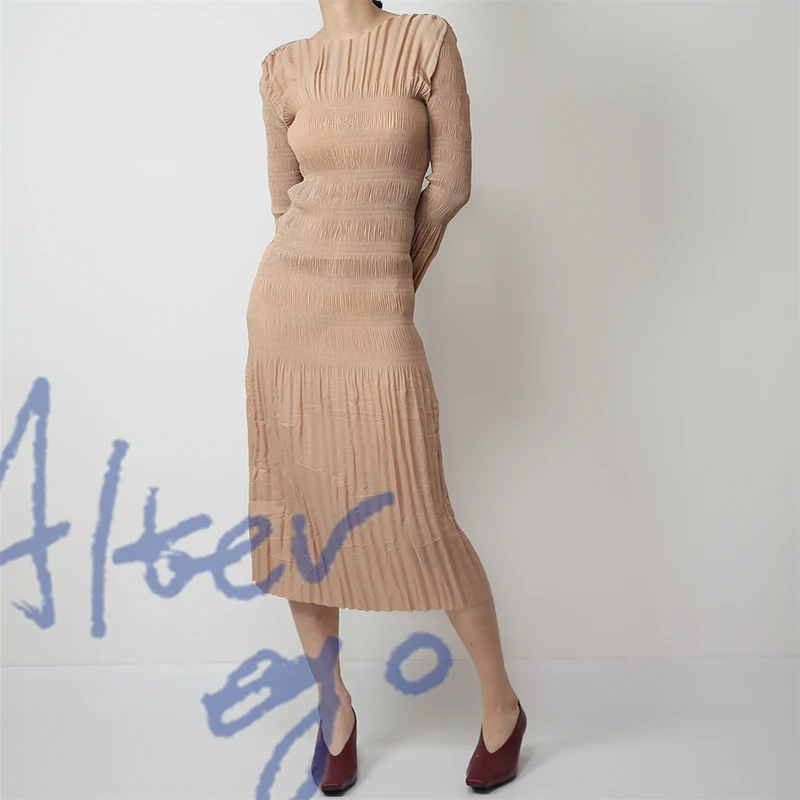 

New winter Miyake pleated flared sleeve dress women casual Slash neck Handmade pleated Vintage dress Slim waist French clothes